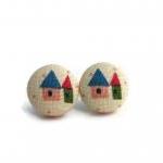 Miniature House Fabric Button Earrings - Colorful..