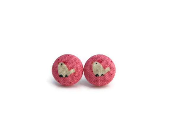 Fabric Buttons Earrings - Chicken Earrings, Pink Color
