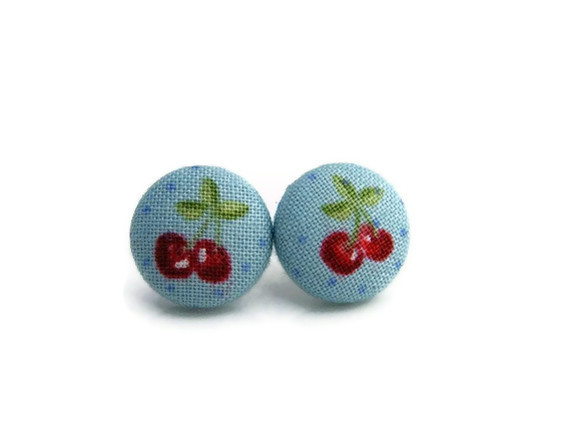 Red Cherry Mini Fabric Buttons Earrings