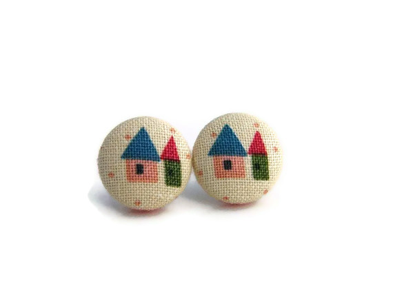 Miniature House Fabric Button Earrings - Colorful Earrings